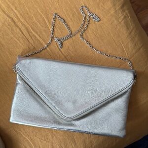 Silver Leather Clutch - Double Pockets w/ Strap